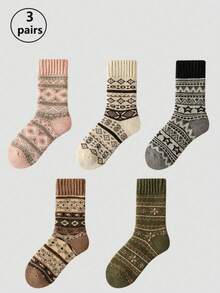 1/3/5 Pairs Vintage Thickened Wool Blend Warm Mid-Calf Socks, Suitable For Daily Wear Or Gifting, Autumn/Winter Style - Multicolor - View 17
