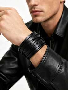 1pc Black Multi-Layer Braided Bracelet, Men's Motorcycle Style Distressed Niche Personalized Hand Accessory, Birthday Gift For Friends - Black - View 3