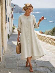 Women's Solid Color Loose Elegant Casual Faux Linen Shirt Dress - Apricot - View 2