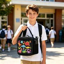 Colorful Cartoon Dinosaur Print Lunch Bag For Boys, Zip Carry Case With Top Handle, Shoulder Strap And Side Mesh Pocket For School, Picnic And Travel - DINOSAUR-10 - View 10