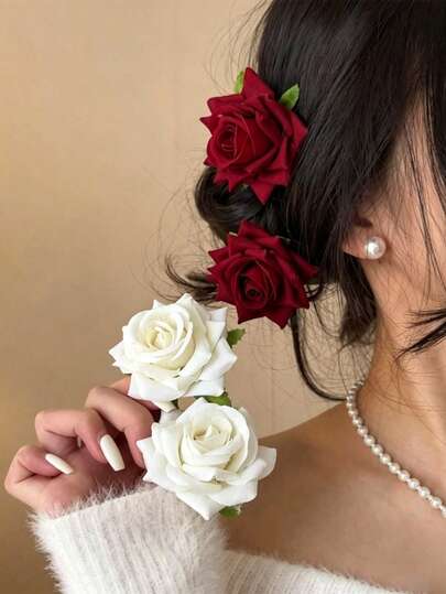 4 Pcs/2 Pcs/1 Pc Women's Bohemian White & Red Rose Flower Hair Clips, Luxury Vintage Floral Hair Accessories, Pure Aesthetic Forest Style, High Quality Elegant Minimalist Versatile Hair Clips, Suitable For Daily, Casual, Party, Work, Vacation, Face Washing, Makeup, Outfit Matching, Valentine's Day Gift, Valentine's Day Accessory
