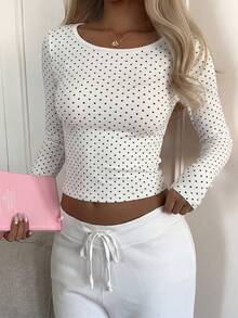 Women's Fitted Thermal Polka Dot Crew Neck Long Sleeve Top, Soft Warm Casual Slim Fit Shirt For Fall Winter, White, Holiday Outfit - White - View 1