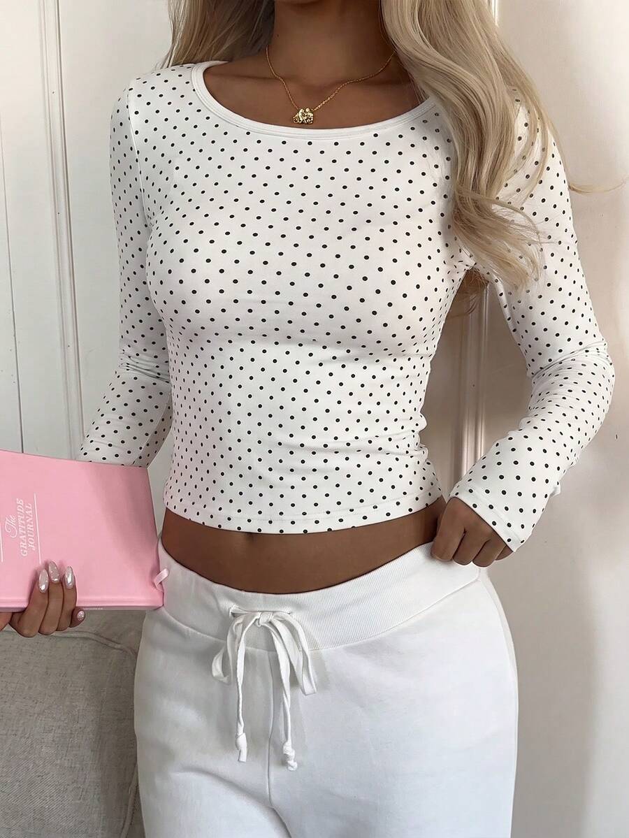 Women's Fitted Thermal Polka Dot Crew Neck Long Sleeve Top, Soft Warm Casual Slim Fit Shirt For Fall Winter, White, Holiday Outfit - White - View 1