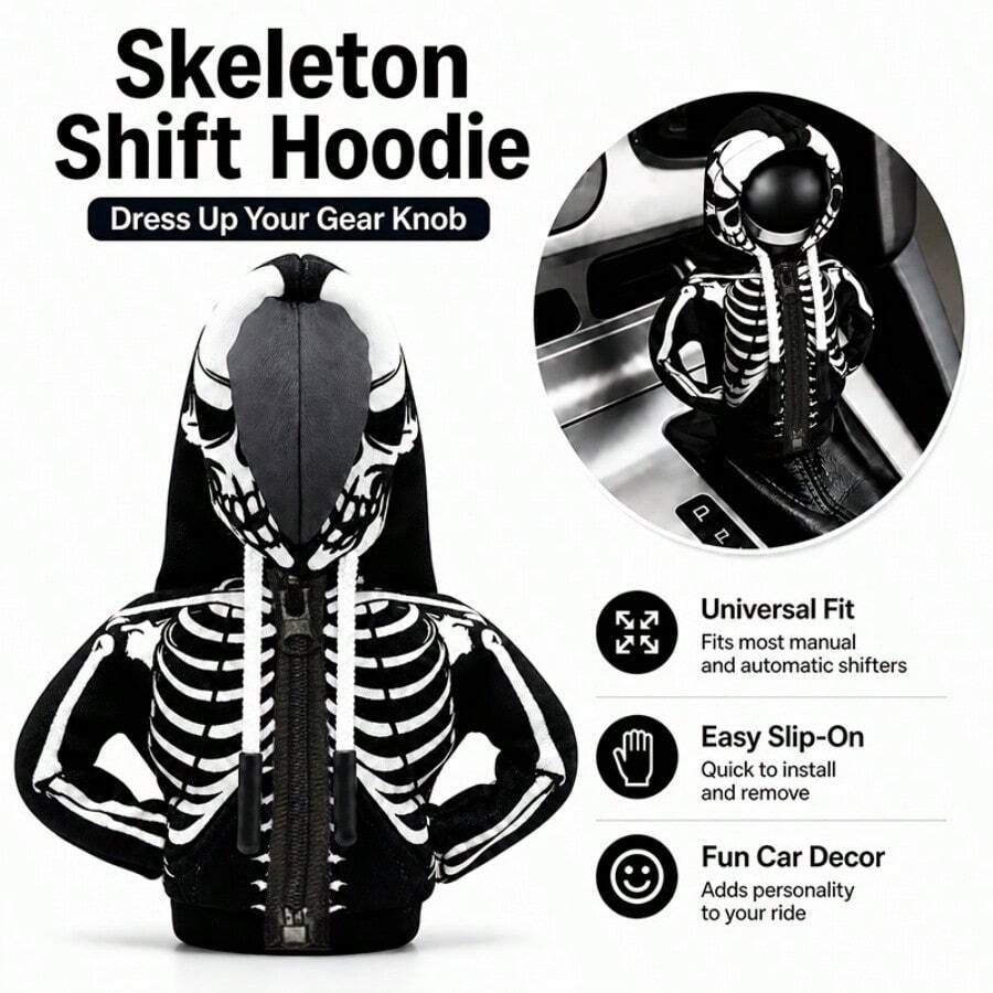 Black & White Skull Hoodie Gear Shift Cover, Halloween Theme Car Gear Knob Protector, Universal Fit For Most Car Models, Quirky Personalized Interior Decor Protector