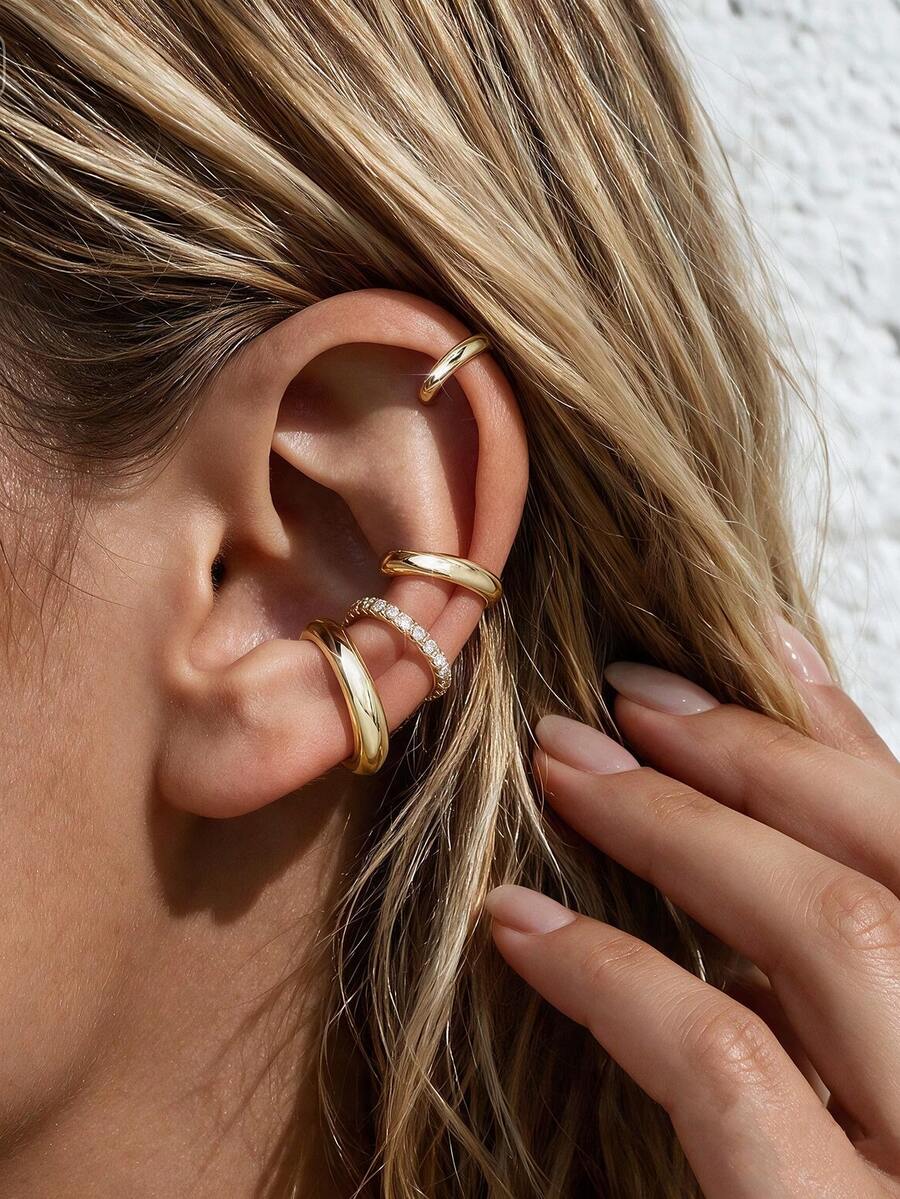 4 buah Anting Jepit Telinga Minimalis Berbentuk C Halus, Klip Tulang Rawan Telinga, Klip Telinga Logam Zirkonia Kubik, Anting Serbaguna yang Dapat Ditumpuk untuk Wanita, Tidak Perlu Tindik - Emas - View 1