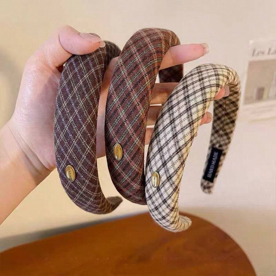 3PCS Early Autumn Plaid Preppy Style Headbands 2026 New Vintage High Crown Hair Hoops For Daily Wear And Outings Hair Clips Headwear - Multicolor - View 1