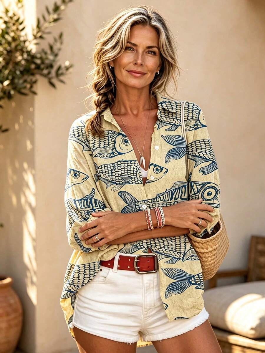 女款時尚休閒舒適度假風秋季長袖襯衫，魚鱗印花口袋設計，寬鬆簡約隨機魚紋印花，對比色英文字母拉丁魚圖案，夏季可穿
