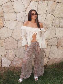 Ambs Edit Solid-Colored, Off-Shoulder Blouse With Ruffles And Long Sleeves, Featuring An Asymmetrical Tie Hem, Suitable For Women In Autumn/Winter, Sp - 黑色 - 查看 7