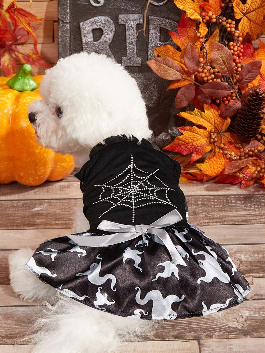 1pc New Pumpkin Ghost Spider Bone Witch Bat Halloween Vest Dress For Large Dogs And Cats - Multicolor - View 1
