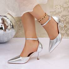Women's New Silver Pointed Toe Hollow Fashion Versatile Buckle Thin Heel Sandals, Solid Color PU Leather Outdoor Office - Silver - View 5