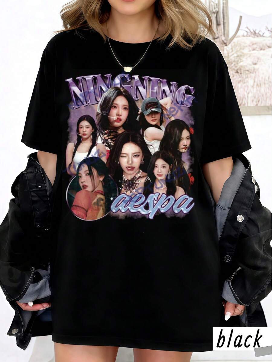 Damen 90er Jahre Ästhetik Retro Vintage Ningning Aespa Grafik T-Shirt Oversized Kurzarm Baumwolle Herbst Fan Konzert Lässig Alltag Street T-Shirt - Schwarz - Übersicht 1