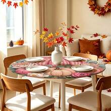 1pc Plaid Pumpkin Round Tablecloth, Autumn Tablecloth With Elastic Edge, Soft And Wrinkle-Resistant, Waterproof, Oil-Resistant And Scratch-Resistant, Suitable For Round Dining Table, Outdoor Restaurant Decoration And Outdoor Party, Kitchen, Baking, Outdoor Decor, Outdoor Patio, Breakfast, Brunch And Party Decoration - Multicolor - View 5