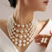 2pcs/Set European And American Cross-Border Fashion Multi-Layer Faux Pearl Elegant Women's Necklace And Earrings Jewelry Set - Multicolor - View 4
