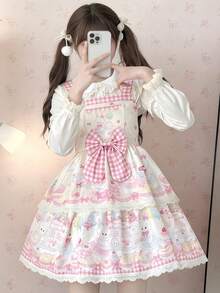 1pc Lolita Style Cute Pink Rabbit Design Cami Dress Fall - Multicolor - View 3