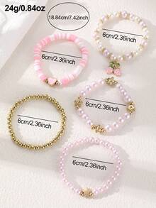 NAIZHU 5pcs/Set Gelang Manik-Manik Manis Warna Pink, Terbuat dari Tanah Liat Lembut, Liontin Hati, Ceri, dan Bintang, serta Mutiara Imitasi dan Karet Gelang. - MultiWarna - View 3