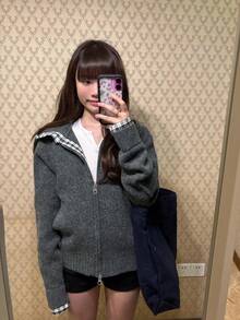 Women's Gray Double Zipper Cardigan Patchwork Plaid Hooded Sweater Jacket, Loose Lazy Design Top For Spring And Autumn - Grey - View 1