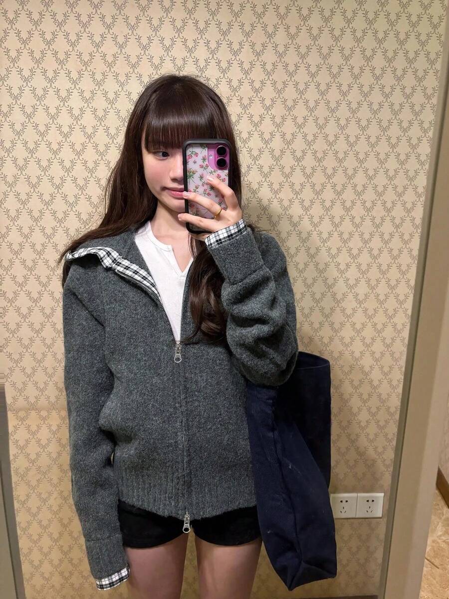Women's Gray Double Zipper Cardigan Patchwork Plaid Hooded Sweater Jacket, Loose Lazy Design Top For Spring And Autumn - Grey - View 1