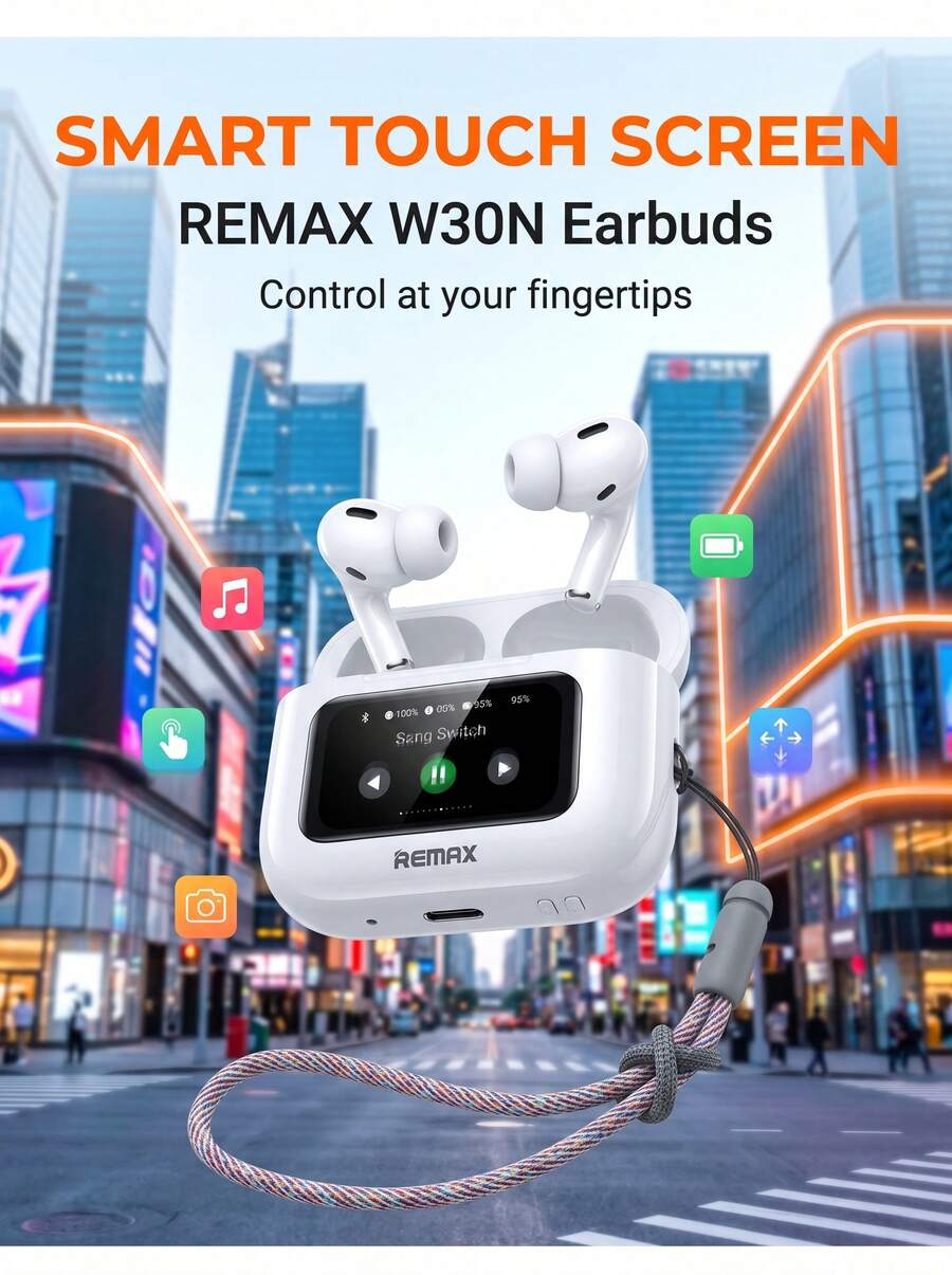 REMAX CozyBuds W30N True Wireless Bluetooth Earbuds: Layar sentuh LCD berwarna penuh, peredam kebisingan dual-core ANC+ENC, Bluetooth 5.4, driver dinamis 13mm untuk kualitas suara HiFi, daya tahan baterai 30 jam, kompatibel dengan iOS/Android. - View 1