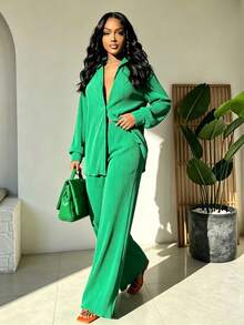 2pcs/Set Women's Fashionable Pleated Shirt With Comfortable Wide Leg Pants Outfit Casual Spring Elegant - Green - View 1