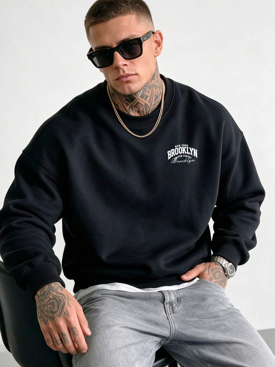 Men's Crew Neck Sports Fashion Sweatshirt, Suitable For Daily Wear, Sports And Vacation, Perfect Gift For Husband - Black - View 1