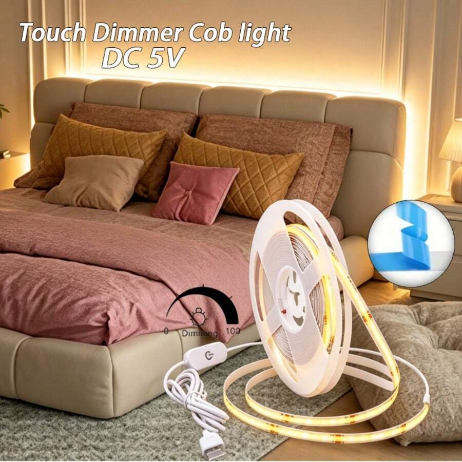 Touch Dimming COB LED Strip USB Flexible Diode Light Strip, Suitable For Room DIY, TV PC Backlight, Wall Decoration Linear Lighting - White - View 1