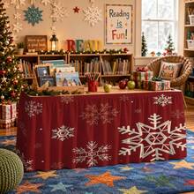Burgundy Christmas Snowflake Table Skirt, Nordic Style White Geometric Snowflake Print Polyester Tablecloth, Suitable For Holiday Dinner, Winter Party, Family Gathering, Dessert Table And Rustic Home Decor - A - View 3