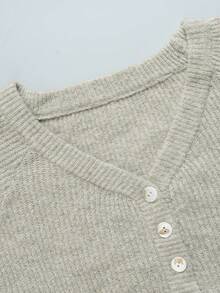 Nicenter Women's Fall Winter Casual Ribbed V Neck Half Button Long Sleeve Bodycon Wool Blend Knit Sweater Dress, Casual Simple For Office Daily Home Date - Light Grey - View 5