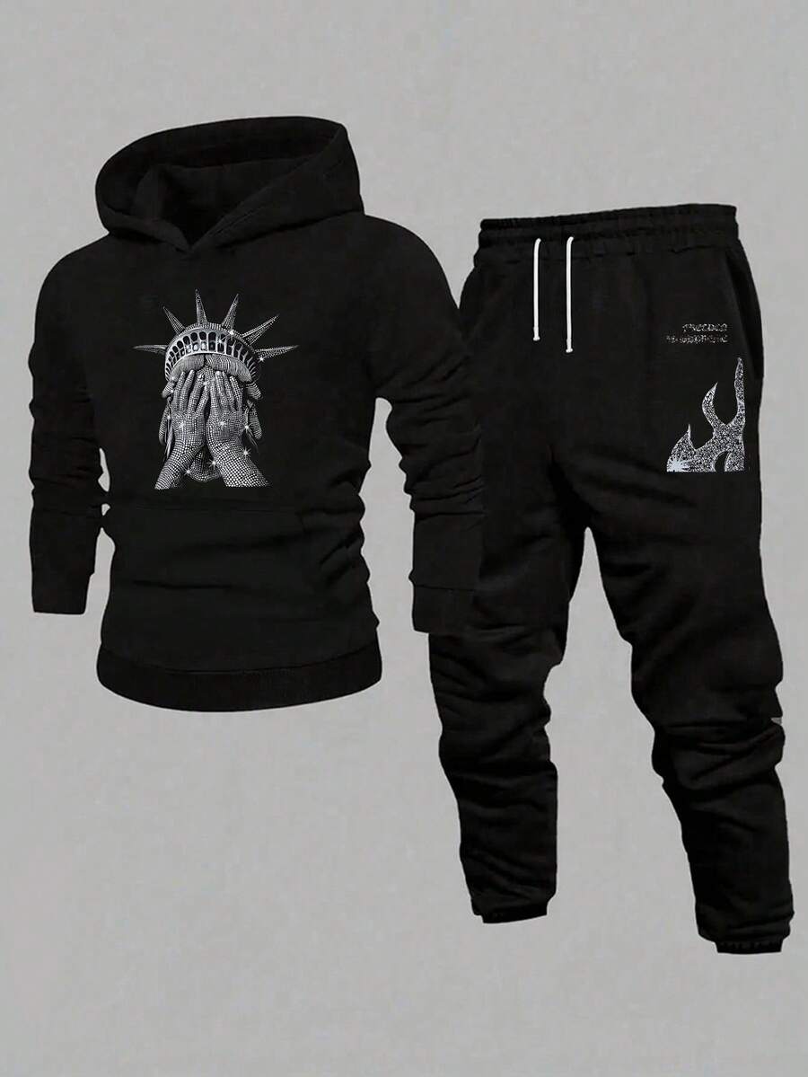Teen Boy Cartoon Pattern Hoodie Long Sleeve Sweatshirt And Jogger Pants Set - Black - View 1