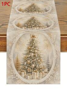 Christmas Table Runner, Throw Pillow, Placemat, Vintage Oval Frame Gold Christmas Tree Gift Box Snow Scene Print, Kitchen Dining Room Holiday Tabletop Decor - Multicolor - View 12