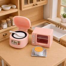 Set Model Dapur Miniatur Realistis, Aksesoris Penanak Nasi dan Oven Mini untuk Rumah Boneka, Eksterior Merah Muda Lembut dan Lucu, Cocok untuk Semua Gaya Dekorasi Rumah Boneka - Rice cooker + oven - View 2