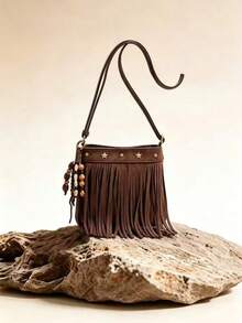 Women's Coffee Brown Exquisite Small Faux Suede Crossbody Bag, Tassel Style With Rivet Star Inlay, College Style Phone Bag, Suitable For Shopping - Coffee Brown - View 6