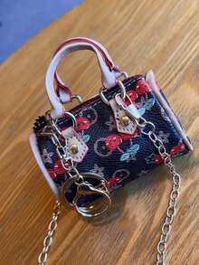 1pc Cute Cherry Pattern Mini Handbag Crossbody Bag, Portable Lipstick Holder Keychain With Detachable Metal Chain, Zipper Closure, Can Store Lipstick, Earphones And Other Small Items, Fresh Girly Style Versatile Mini Storage Bag - Pink - View 5