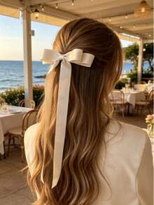 1pc White Satin Bow Hair Clip, Women's Long Ribbon Bow Hair Clip, Suitable For Daily Wear, Wedding Party Vintage Hair Accessory - White - View 2