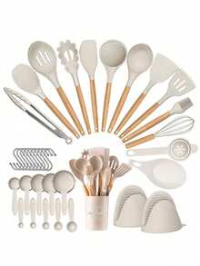 12/36pcs Set,36pcs Silicone Kitchen Cooking Utensils, Heat-Resistant Cooking Utensils Set Of Wooden Handles, Non-Stick Kitchen Gadgets, Including Scraper Spoons,Kitchen Stuff Kitchen Accessories Home Kitchen Items - Multicolor - View 7