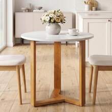 Mesa de comedor redonda de 80 cm, pequeña mesa de comedor para 2 unidades, color blanco |   Mesa de grano de madera y base de pedestal geométrico, mesa de granja moderna para espacios pequeños, departamento - Blanco - Ver 1
