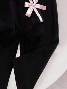Young Girl Ribbon Bow Decor Round Neck Long Sleeve Top And Long Pants - Black - View 4