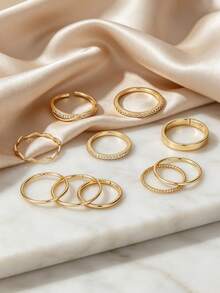 10pcs Cubic Zirconia Inlaid Minimalist Fashion Ring Set, Suitable For Women's Daily Wear, Dating, Layering And Matching - Yellow Gold - View 7