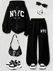 Teen Girls Letter Print American Style Hooded Zip-Up Sweatshirt + Casual Long Pants 2-Piece Set, Autumn/Winter Outfit, Campus Style, Homecoming Look - Black - View 1