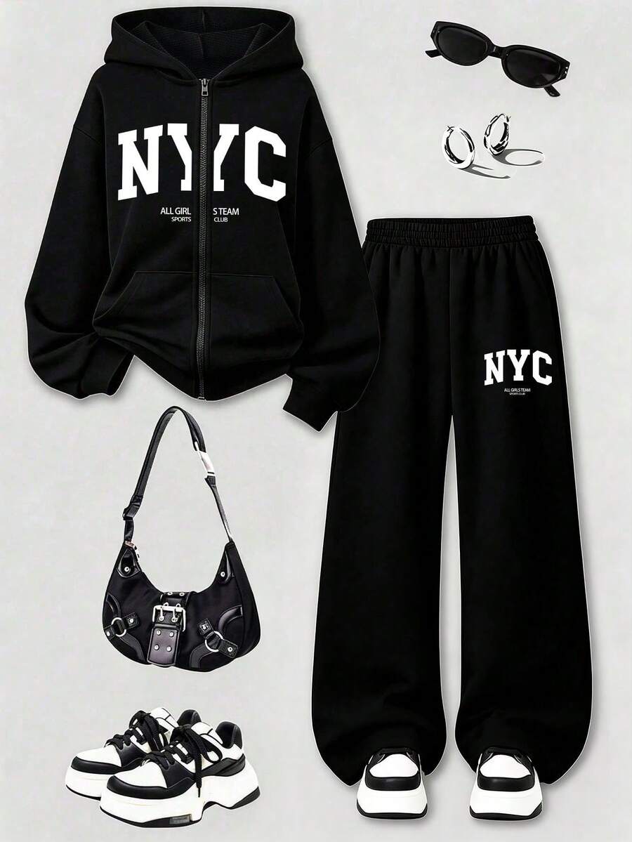 Teen Girls Letter Print American Style Hooded Zip-Up Sweatshirt + Casual Long Pants 2-Piece Set, Autumn/Winter Outfit, Campus Style, Homecoming Look - Black - View 1