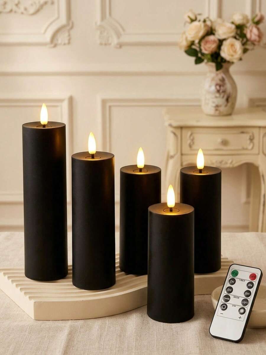 5pcs Flameless Candles, Battery Operated LED Electronic Candles With Remote Control And Timer Function, Suitable For Wedding, Birthday, Halloween, Christmas, Gothic Decor (Black)