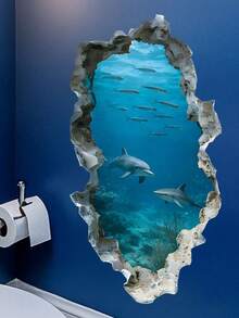 1pc Underwater World Hole Effect Sticker, Dolphin & Shark Decor Sticker, Creative Bathroom Wall Decor Self-Adhesive Removable - Multicolor - View 4