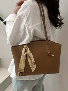 Women Large Capacity Tote Bag, Elegant Shoulder Handbag With Decorative Silk Scarf, Office Work Commute Shopping Top‑Handle Purse - Brown - View 6