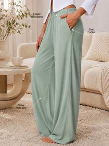 Sodalemon Women's Solid Color Casual Comfortable Wide Leg Pocket Pajama Pants, Elastic Waist Full Length Lounge Pants - Mint Green - View 1