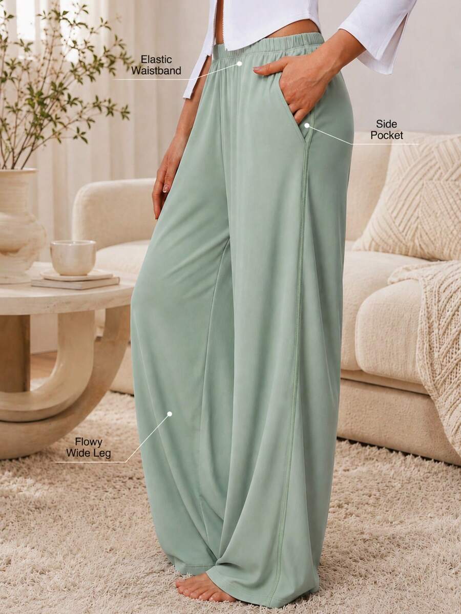 Sodalemon Women's Solid Color Casual Comfortable Wide Leg Pocket Pajama Pants, Elastic Waist Full Length Lounge Pants - Mint Green - View 1
