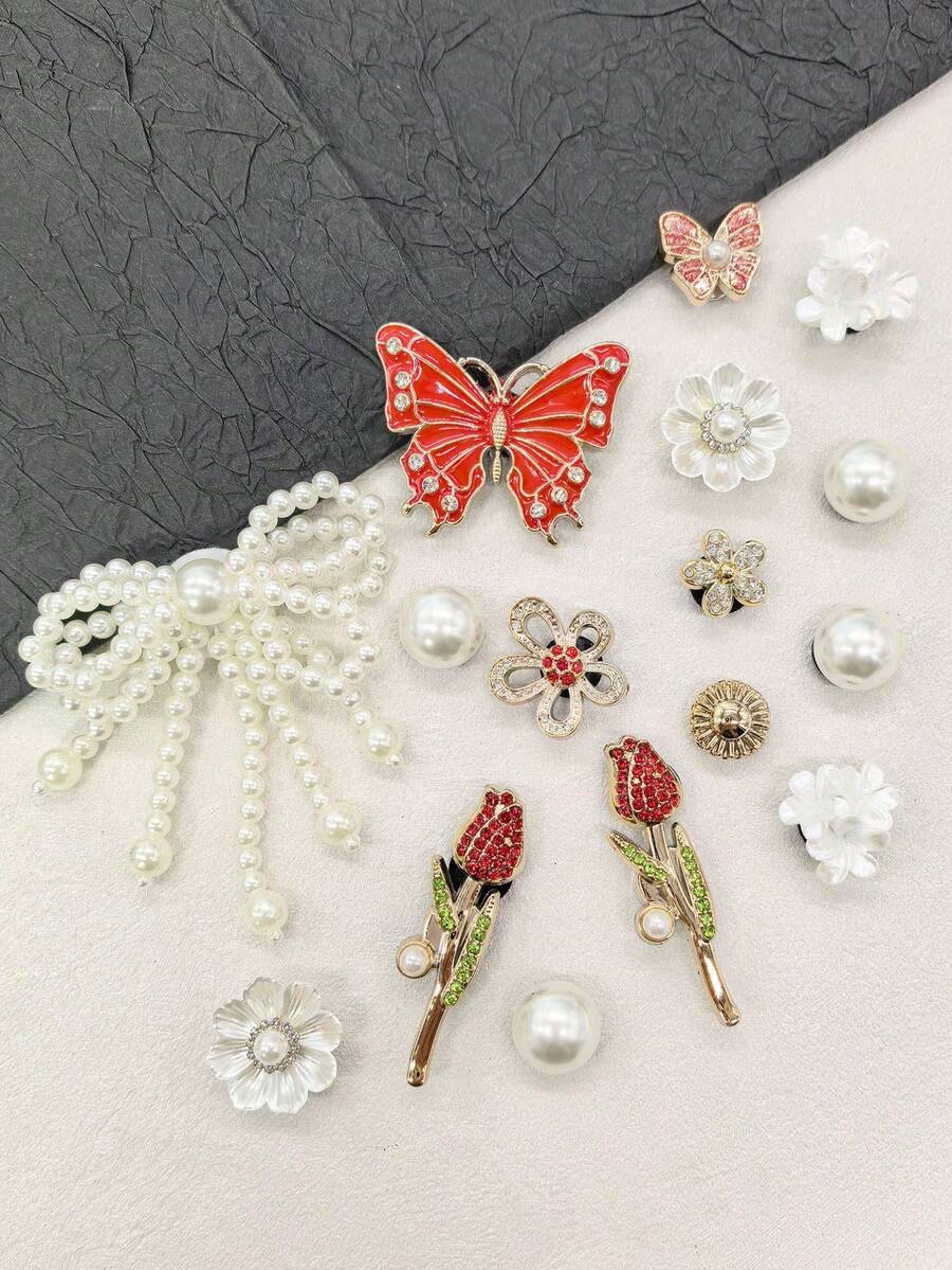 16PCS Bling Rhinestone Red Butterfly Rose Clog Shoe Charms Accessories Faux Pearl Bow Flower Shoe Buckles DIY Decorations Retro Beads Shoe Clips Decor