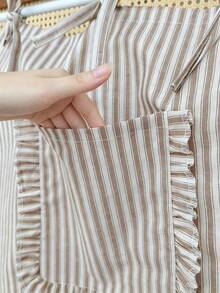1pc Farmhouse Style Oven Skirt Curtain, Elegant Striped Pattern With Storage Pocket Design, Bottom Ruffle Trim, Tie-Top Linen Coffee Curtain Valance, Suitable For Kitchen Bathroom Window Privacy Cover And Closet - Light Brown - View 5