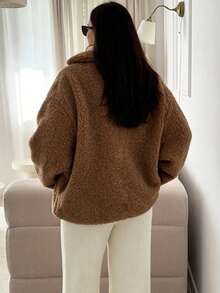 Women's Brown Teddy Fleece Lapel Coat, Long Batwing Sleeves, Regular Length, Warm Autumn/Winter Style - Brown - View 7