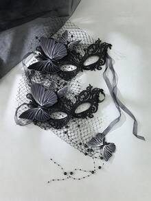 2pcs Gothic Black Lace Butterfly Masquerade Mask Set With Tulle Veil, Halloween Costume Party Hair Accessory Photo Prop - Black - View 1