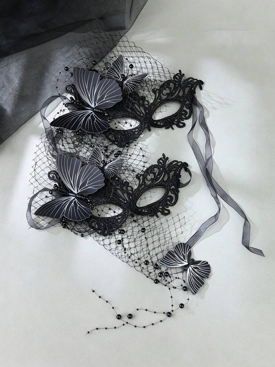 2pcs Gothic Black Lace Butterfly Masquerade Mask Set With Tulle Veil, Halloween Costume Party Hair Accessory Photo Prop - Black - View 1