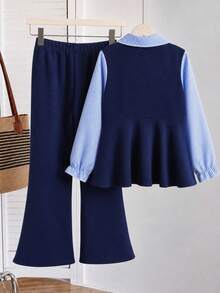 2pcs/Set Girls Spring/Autumn New Casual Blue Striped Lapel Patchwork 2 In 1 Top & Navy Pearl Beaded Flared Pants Outfit, Children Daily Versatile Two Pieces Set - Navy Blue - View 4